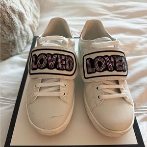 Gucci White Sneakers with Rhinestones- Black and Pink Accents